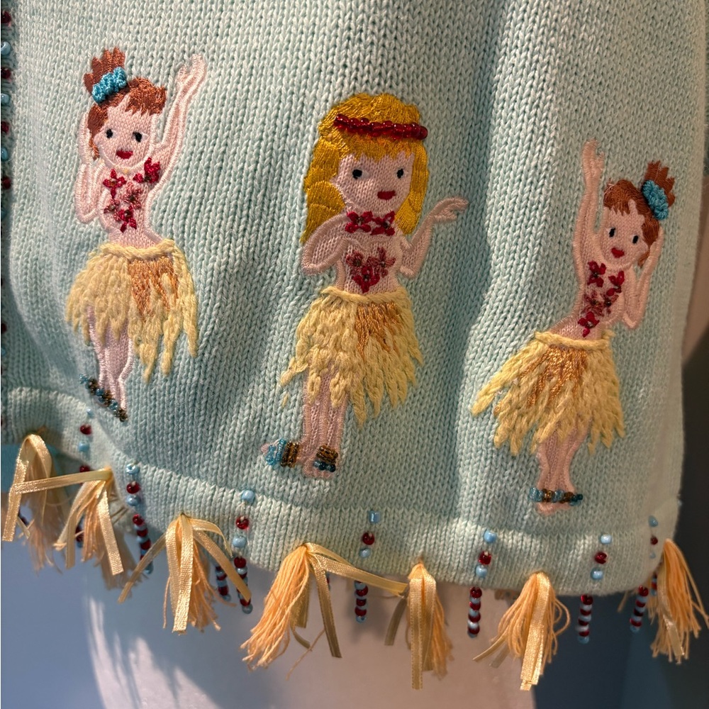 NWT Storybook Knits 2X Lt Blue Luau Hula Girl Embroidered Short Sleeve Cardigan - Picture 13 of 16